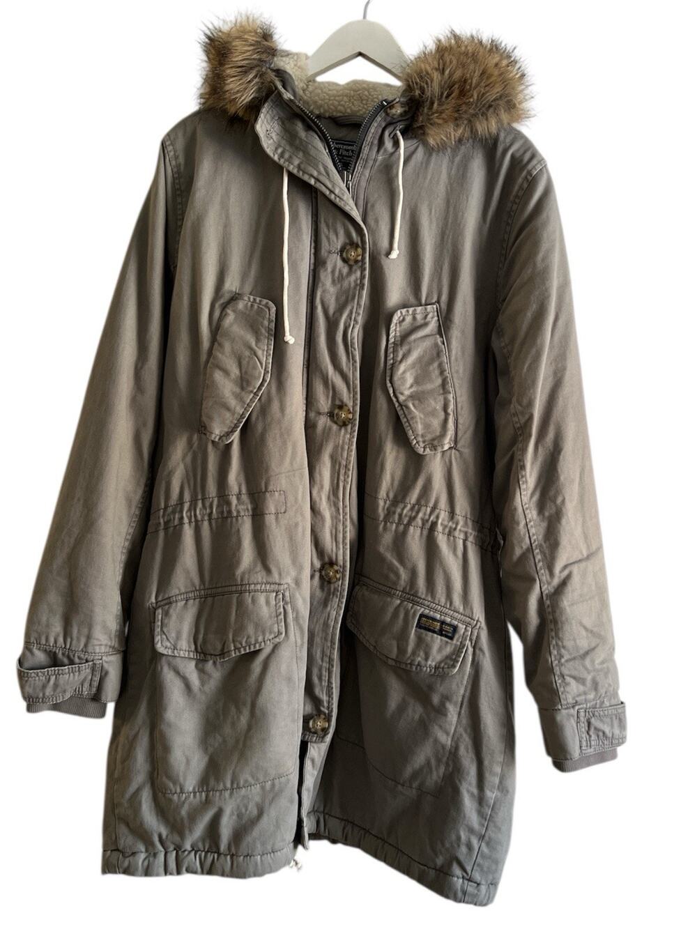Abercrombie And Fitch Y2K Sherpa Lined Faux Fur Hood Military Parka Coat EUC XL